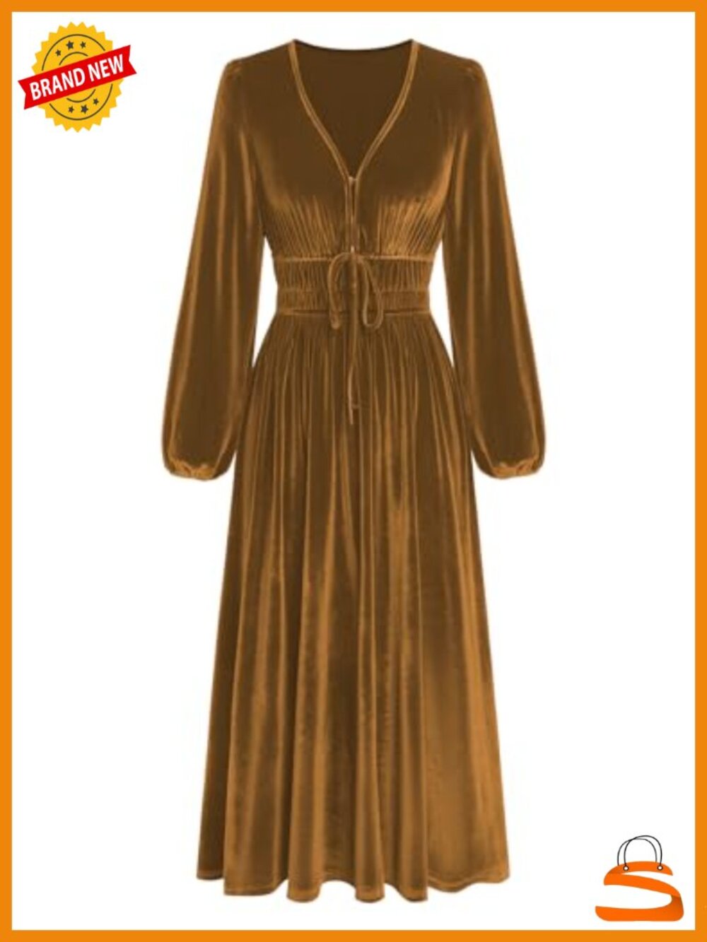 Velvet Midi Dress V Neck Long Sleeve Formal Cocktail Semi Formal A-Line